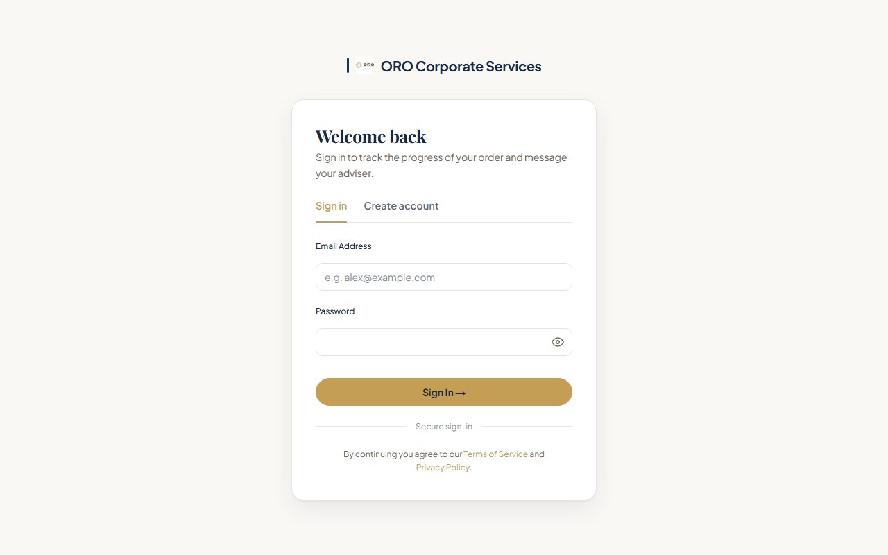 The ORO Corporate Services client portal sign-in screen