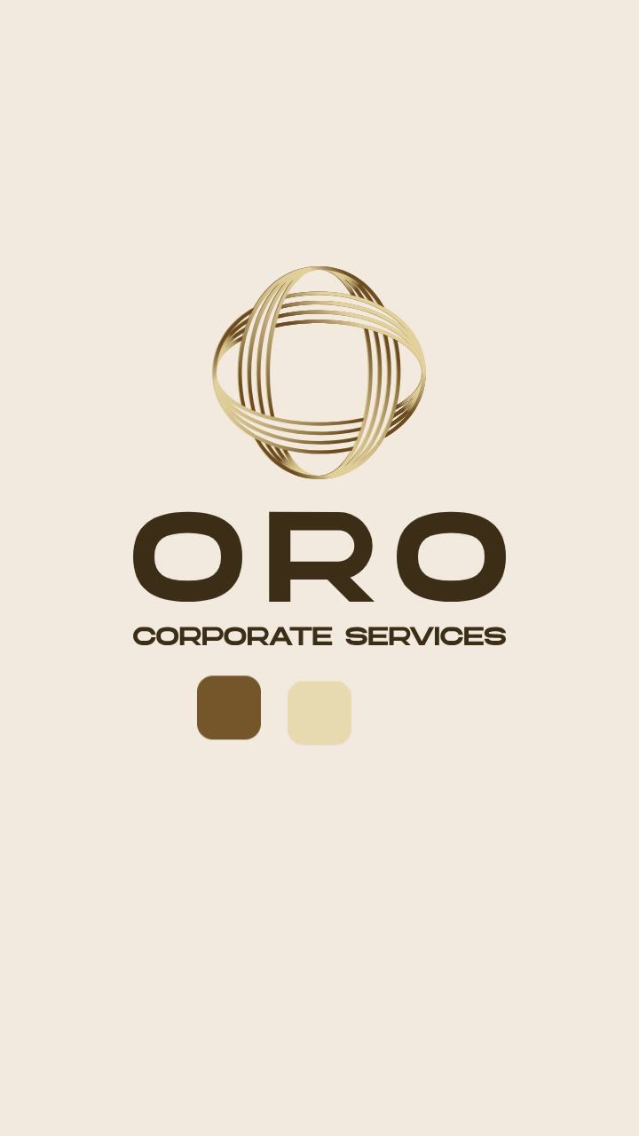 The ORO Corporate Services identity: woven rosette emblem, wordmark and palette