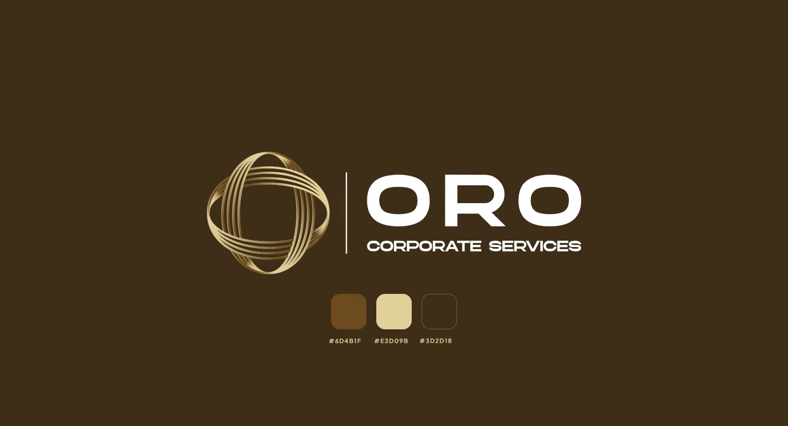 The ORO Corporate Services brand card: the woven rosette mark, the wordmark and the three bronze swatches.